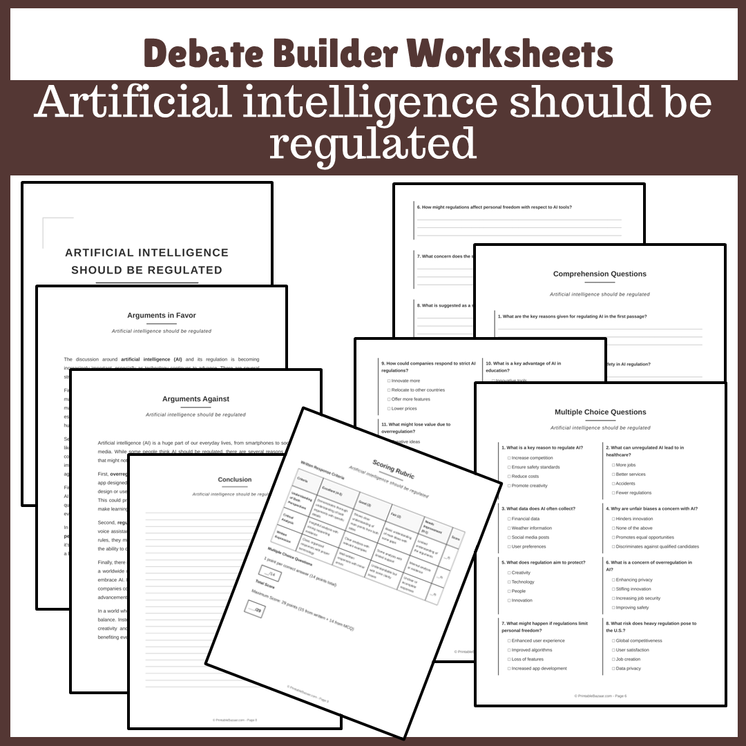 Artificial intelligence should be regulated | Favour and Against Worksheet Printable Activity