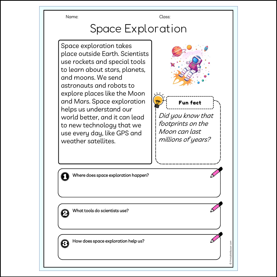 Space Exploration | Reading Passage Comprehension Questions Writing Facts Worksheet