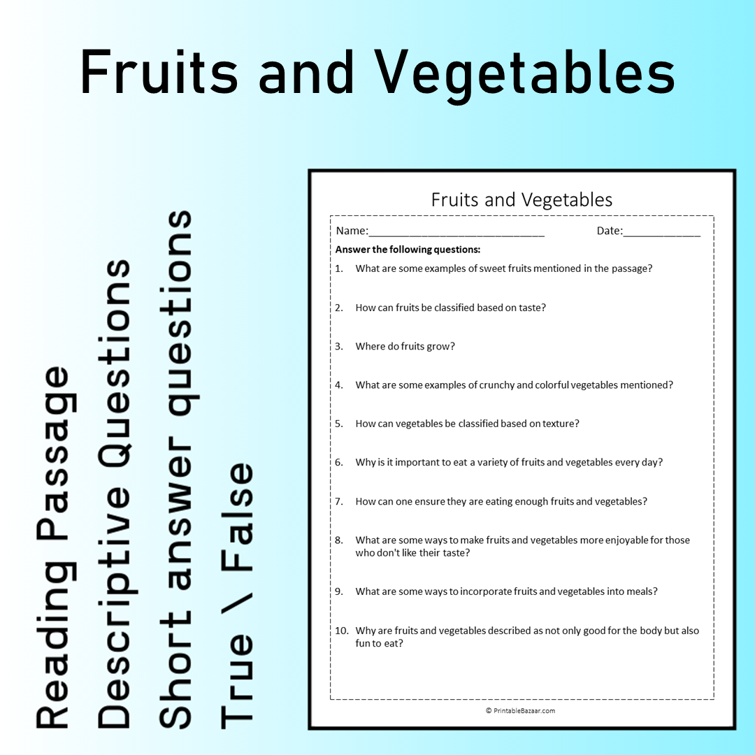 Fruits and Vegetables | Reading Comprehension Passage Printable Worksheet