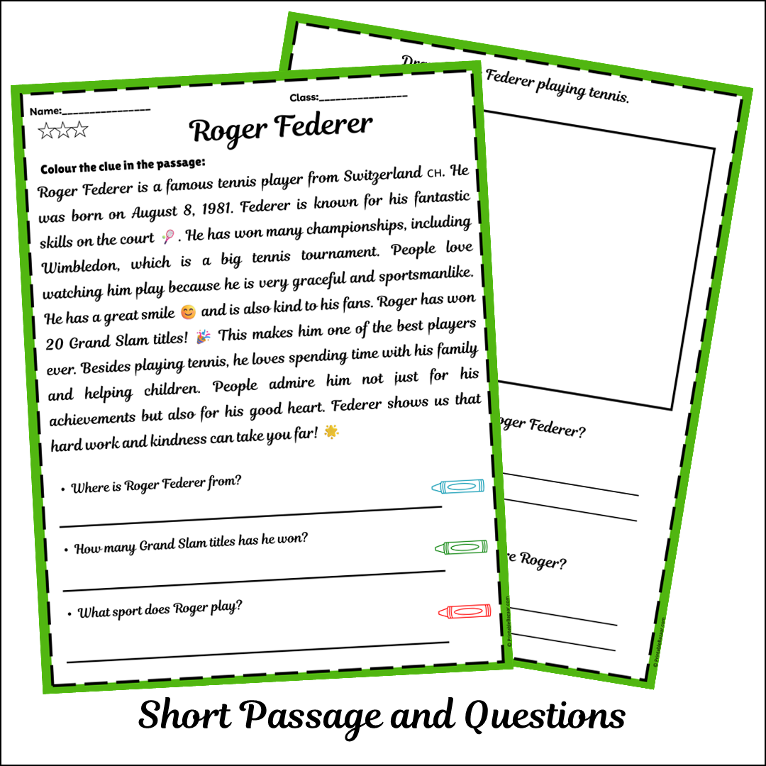Roger Federer | Short Reading Comprehension Creative Worksheet