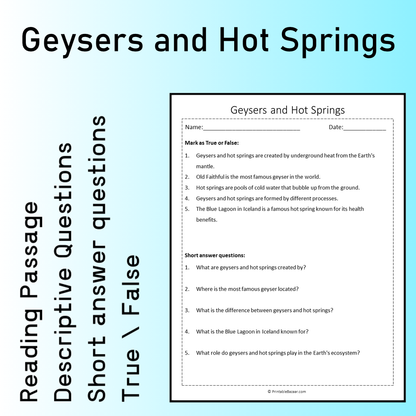 Geysers and Hot Springs | Reading Comprehension Passage Printable Worksheet