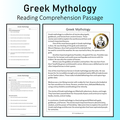 Greek Mythology | Reading Comprehension Passage Printable Worksheet