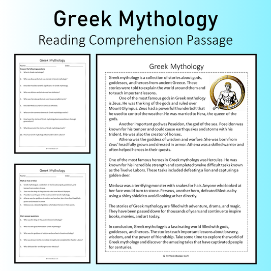 Greek Mythology | Reading Comprehension Passage Printable Worksheet