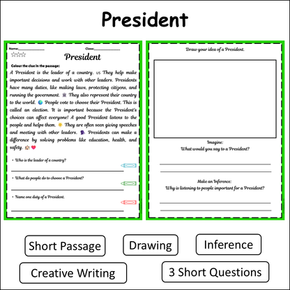 President | Short Reading Comprehension Creative Worksheet
