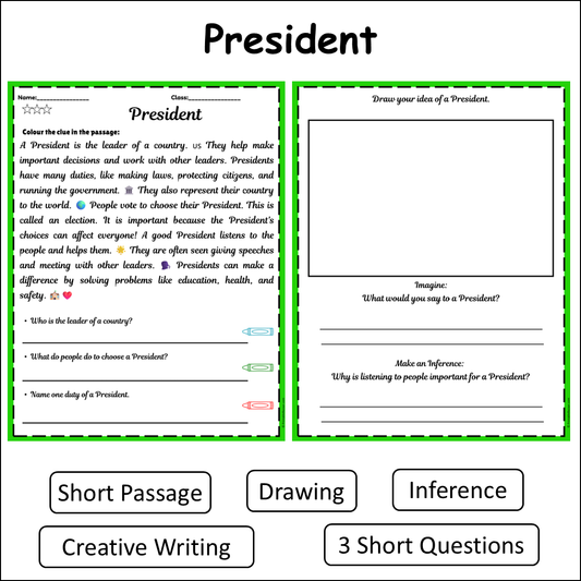 President | Short Reading Comprehension Creative Worksheet
