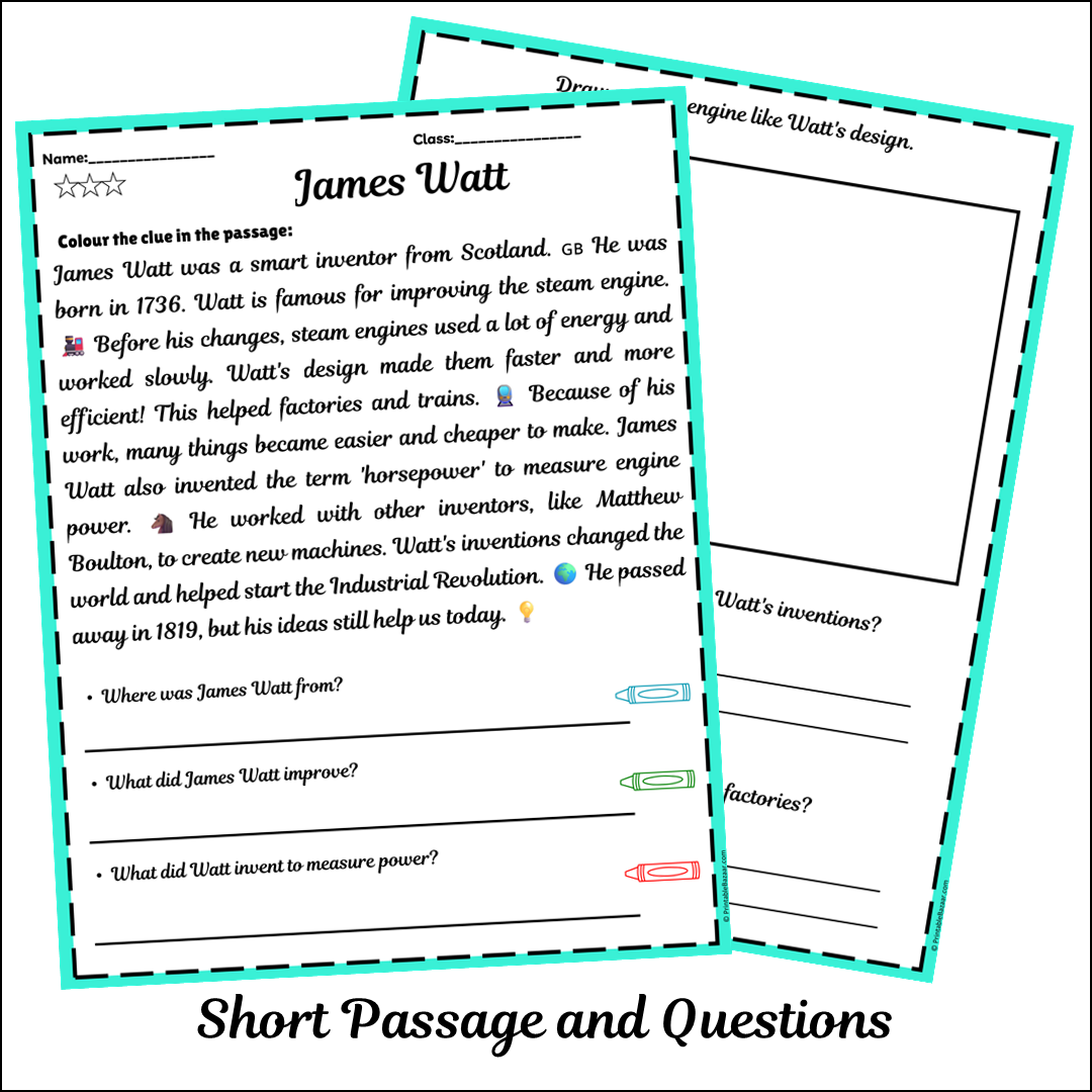 James Watt | Short Reading Comprehension Creative Worksheet