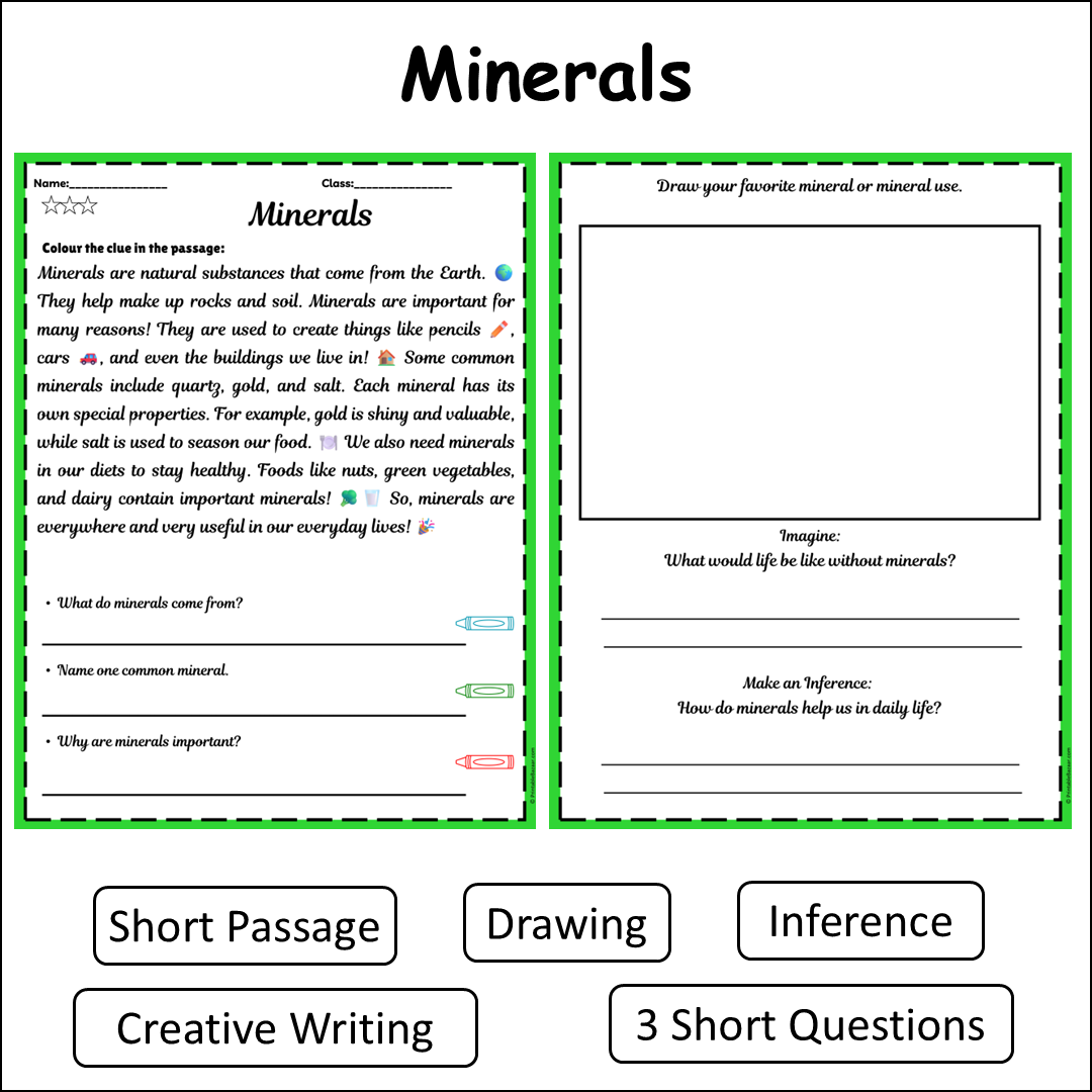 Minerals | Short Reading Comprehension Creative Worksheet