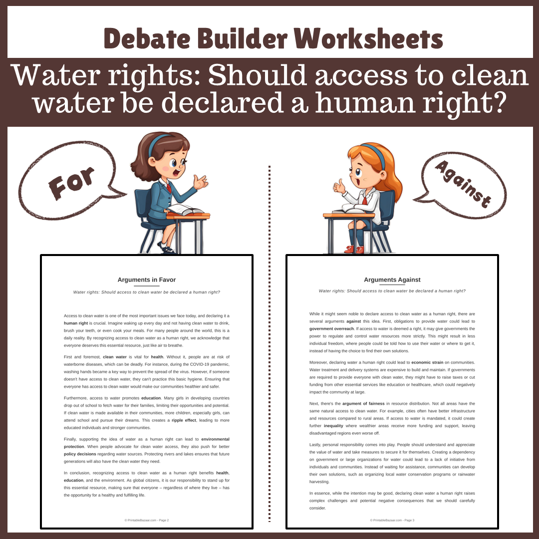 Water rights: Should access to clean water be declared a human right? | Favour and Against Worksheet Printable Activity