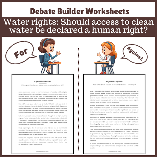 Water rights: Should access to clean water be declared a human right? | Favour and Against Worksheet Printable Activity