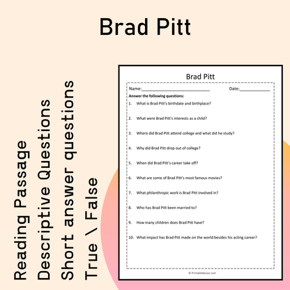 Brad Pitt | Reading Comprehension Passage Printable Activity