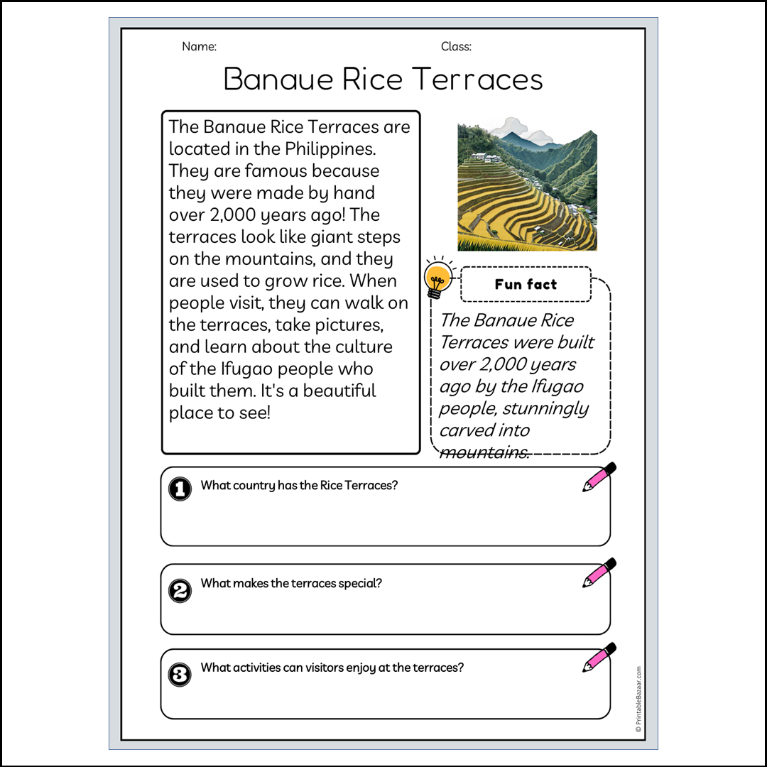 Banaue Rice Terraces | Reading Passage Comprehension Questions Writing Facts Worksheet