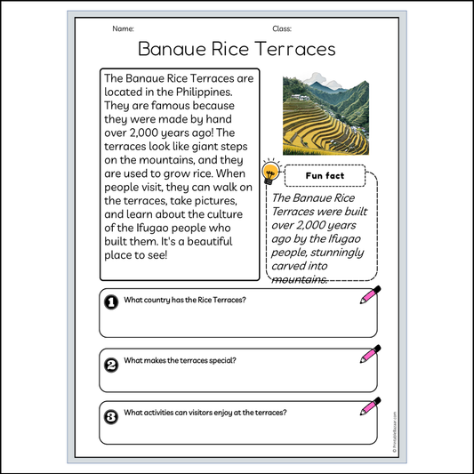 Banaue Rice Terraces | Reading Passage Comprehension Questions Writing Facts Worksheet