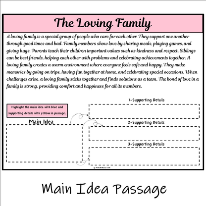 The Loving Family | Main Idea and Supporting Details Reading Passage and Questions