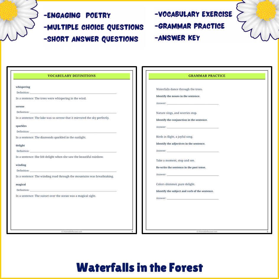 Waterfalls in the Forest | Poem Grammar Worksheet Printable Activity