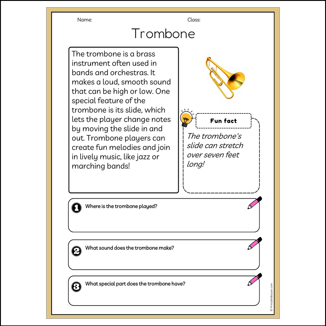 Trombone | Reading Passage Comprehension Questions Writing Facts Worksheet