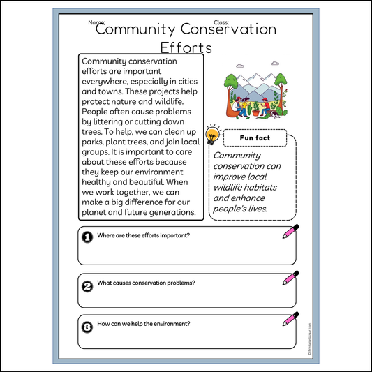 Community Conservation Efforts | Reading Passage Comprehension Questions Writing Facts Worksheet