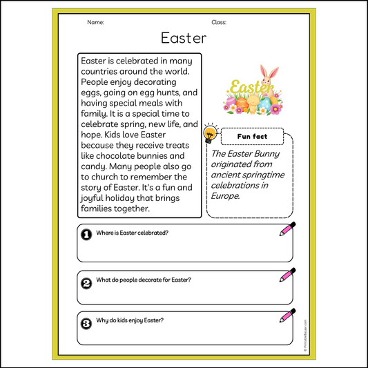 Easter | Reading Passage Comprehension Questions Writing Facts Worksheet