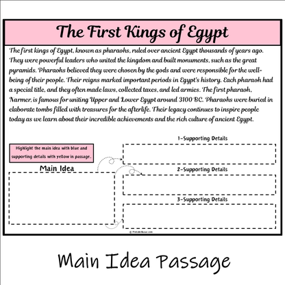 The First Kings of Egypt | Main Idea and Supporting Details Reading Passage and Questions