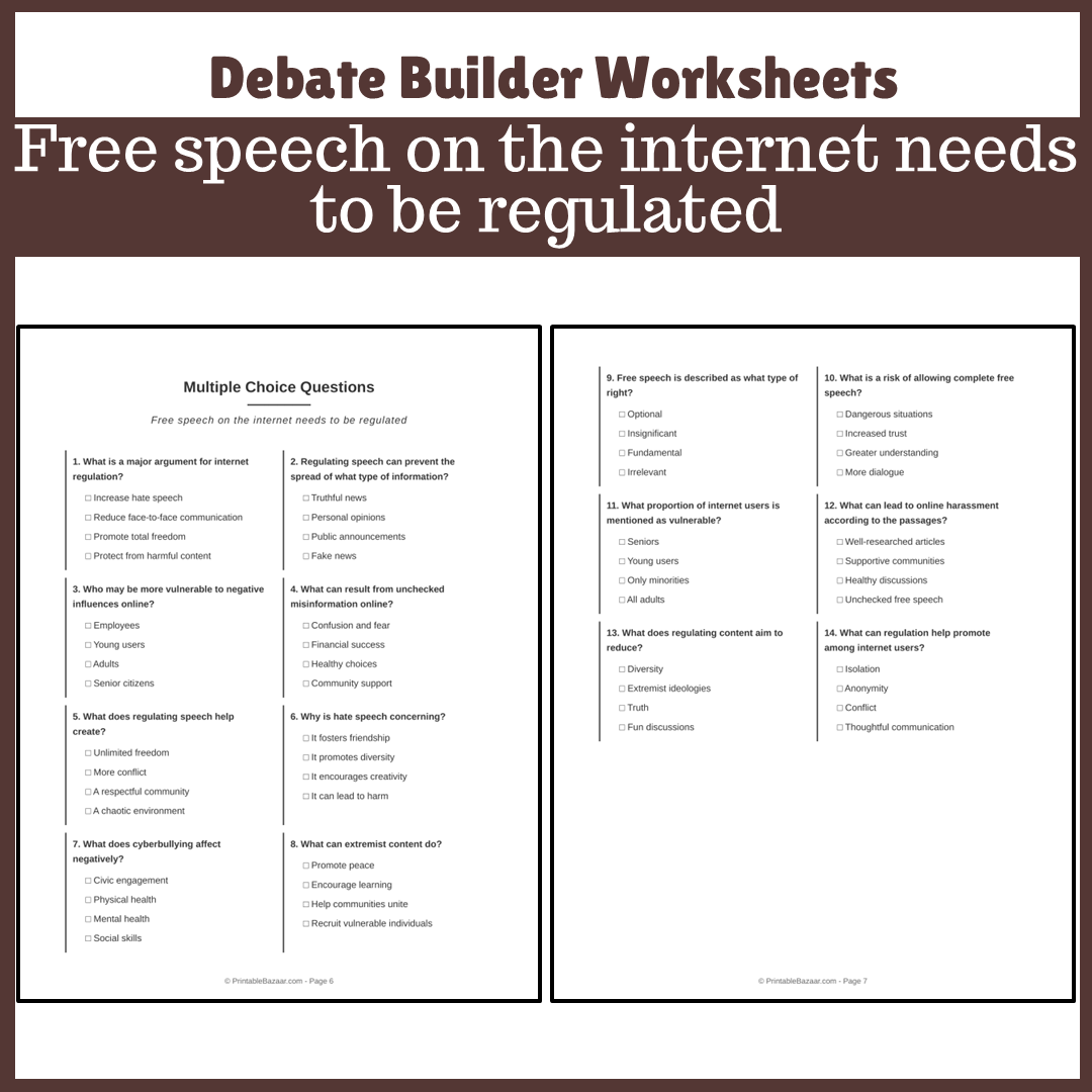 Free speech on the internet needs to be regulated | Favour and Against Worksheet Printable Activity