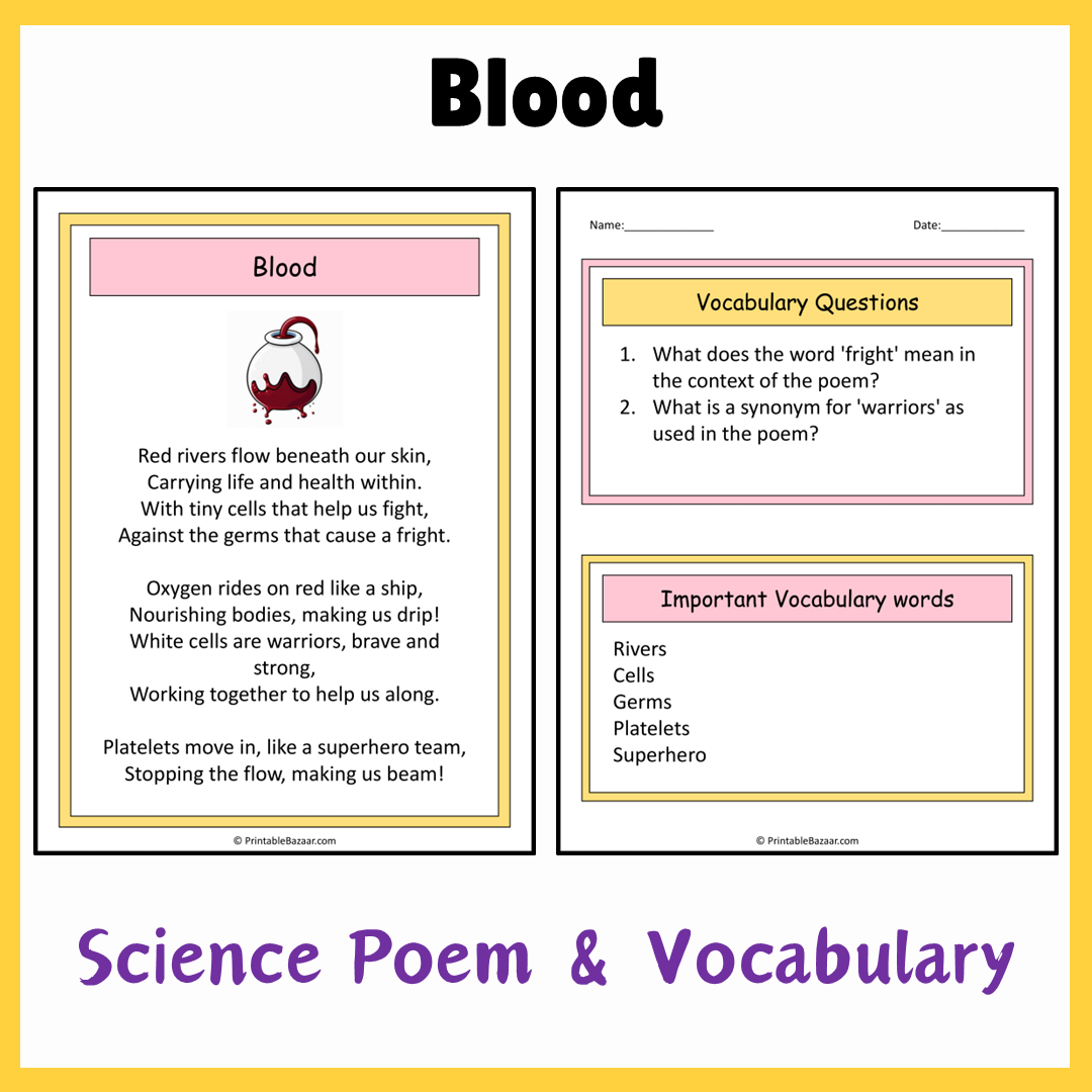 Blood | Science Poem Reading Comprehension Activity