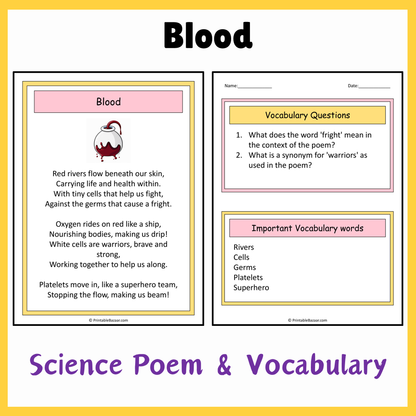 Blood | Science Poem Reading Comprehension Activity