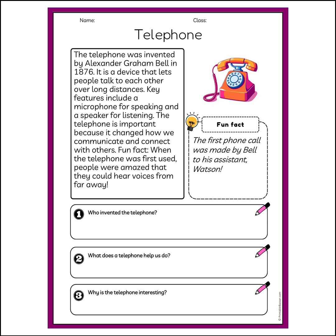 Telephone | Reading Passage Comprehension Questions Writing Facts Worksheet