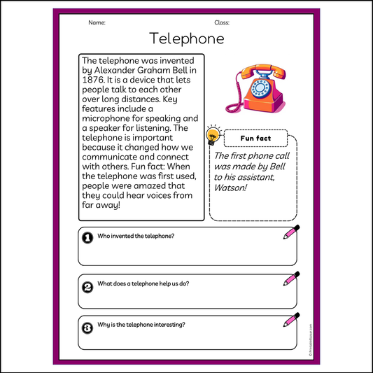 Telephone | Reading Passage Comprehension Questions Writing Facts Worksheet