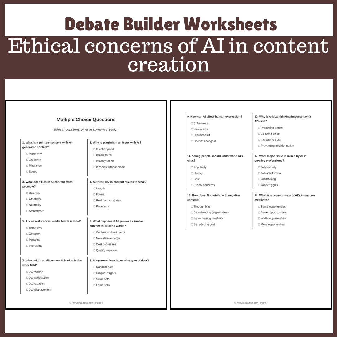 Ethical concerns of AI in content creation | Favour and Against Worksheet Printable Activity