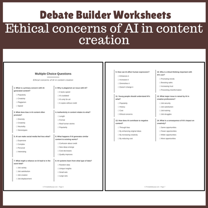 Ethical concerns of AI in content creation | Favour and Against Worksheet Printable Activity