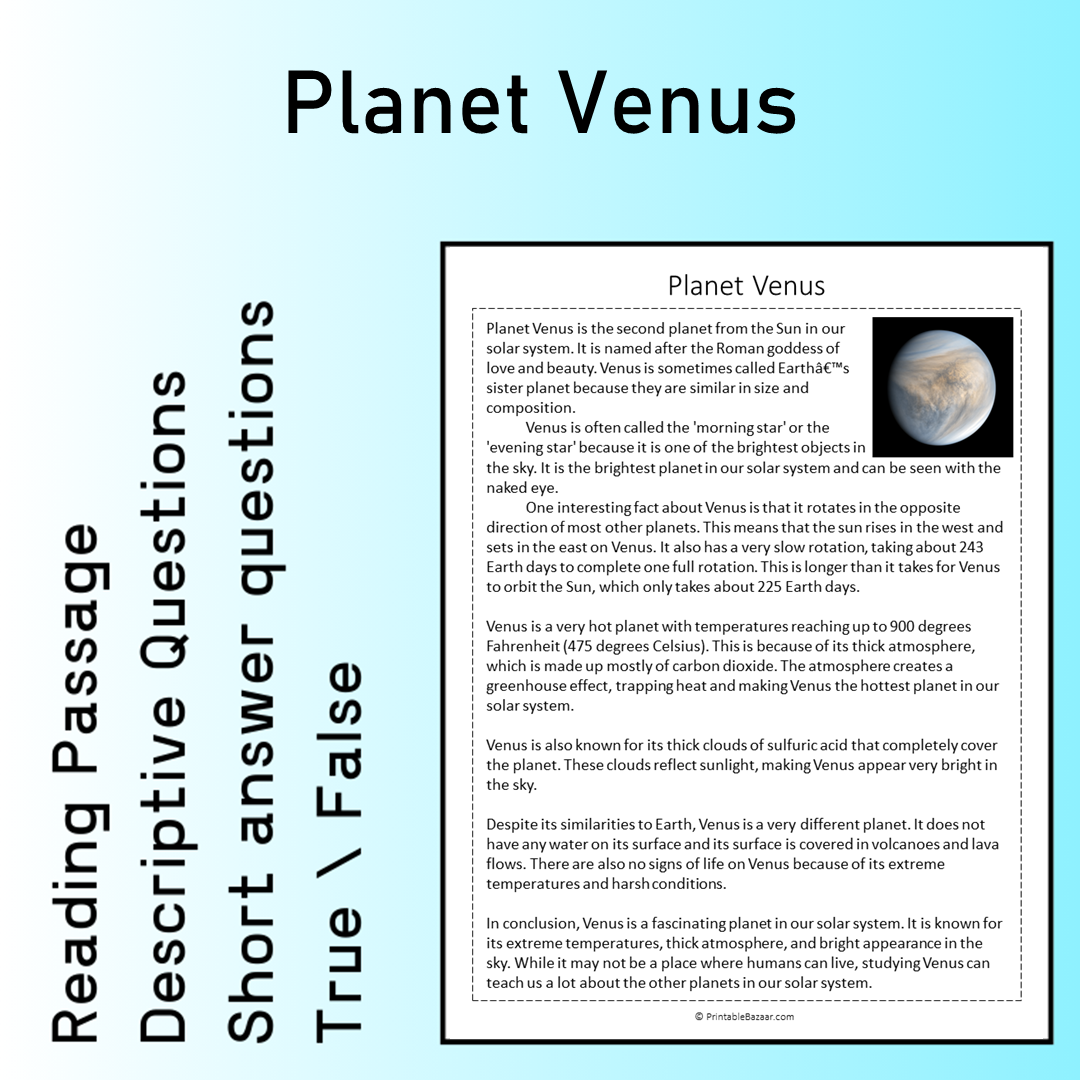 Planet Venus | Reading Comprehension Passage Printable Worksheet
