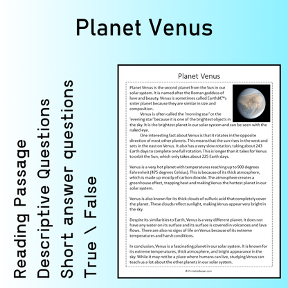 Planet Venus | Reading Comprehension Passage Printable Worksheet