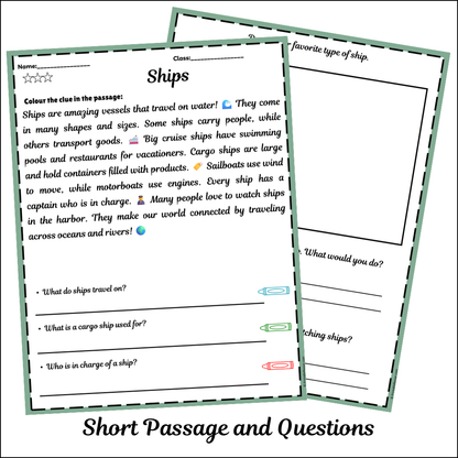 Ships | Short Reading Comprehension Creative Worksheet