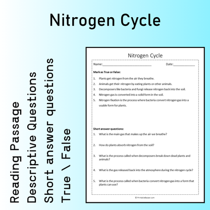 Nitrogen Cycle | Reading Comprehension Passage Printable Worksheet