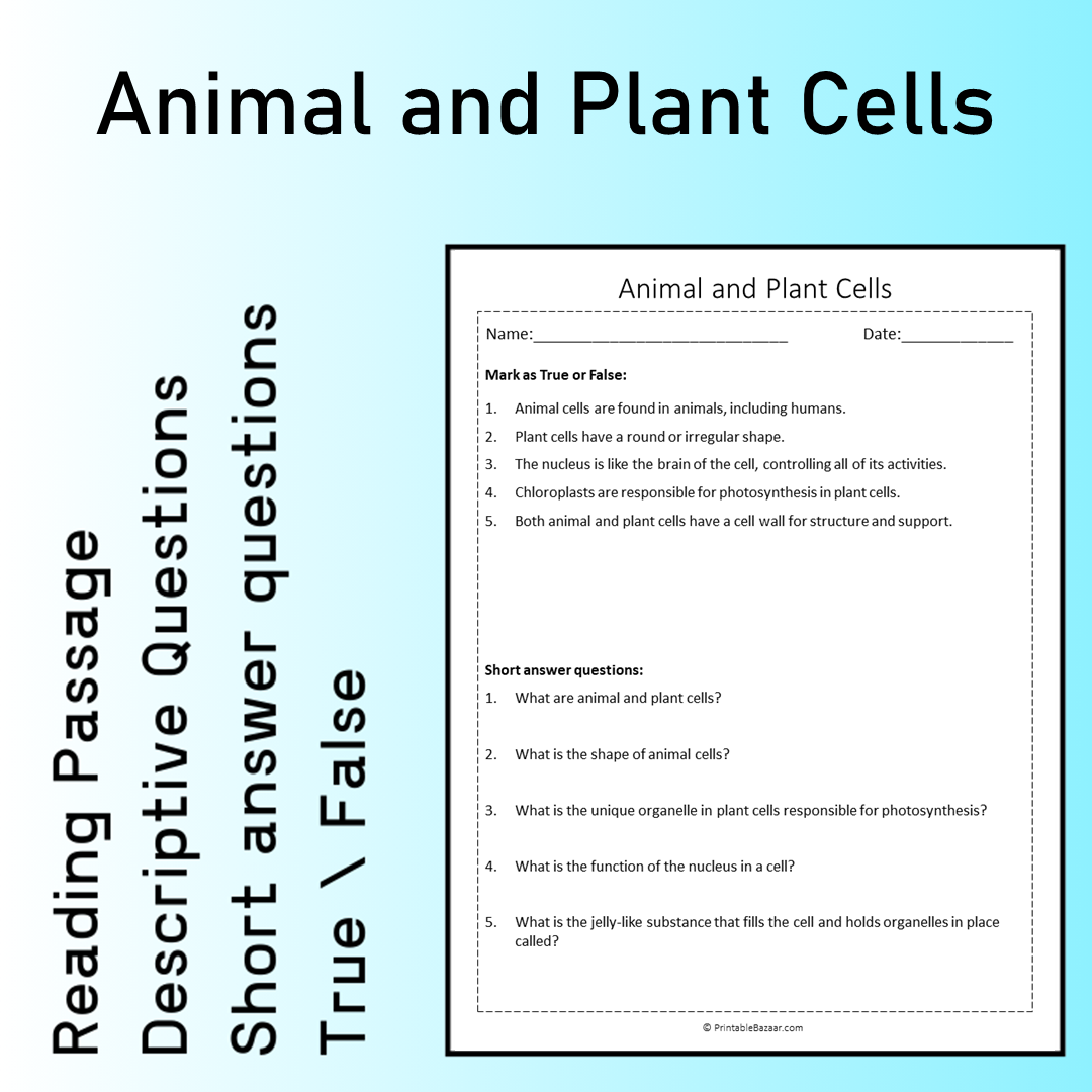 Animal and Plant Cells | Reading Comprehension Passage Printable Worksheet