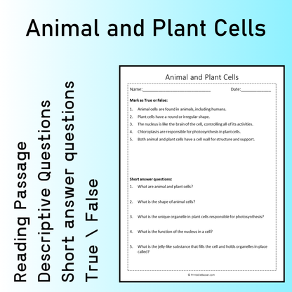 Animal and Plant Cells | Reading Comprehension Passage Printable Worksheet