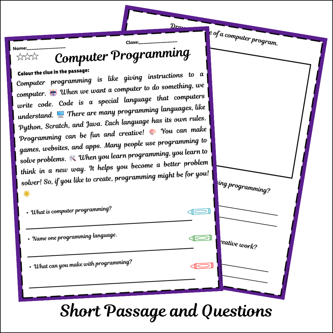 Computer Programming | Short Reading Comprehension Creative Worksheet