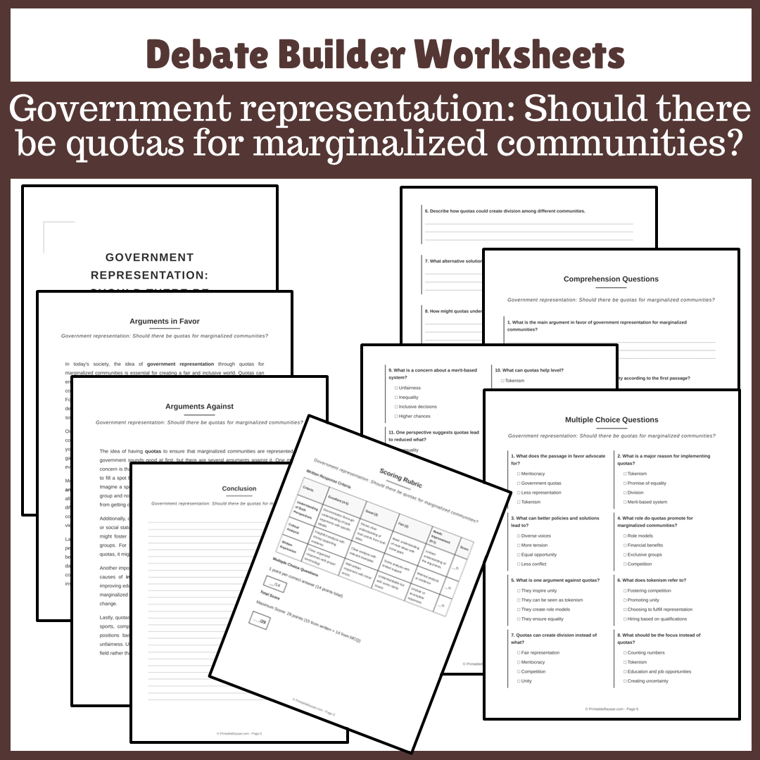 Government representation: Should there be quotas for marginalized communities? | Favour and Against Worksheet Printable Activity