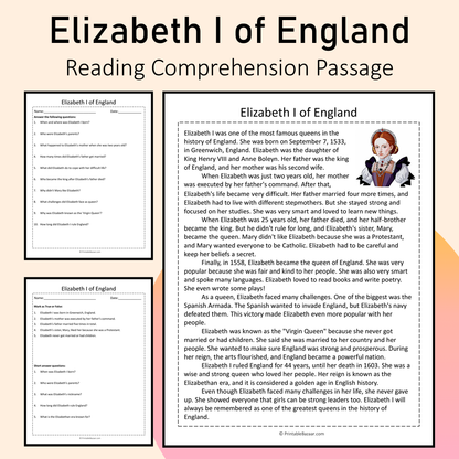 Elizabeth I of England | Reading Comprehension Passage Printable Activity