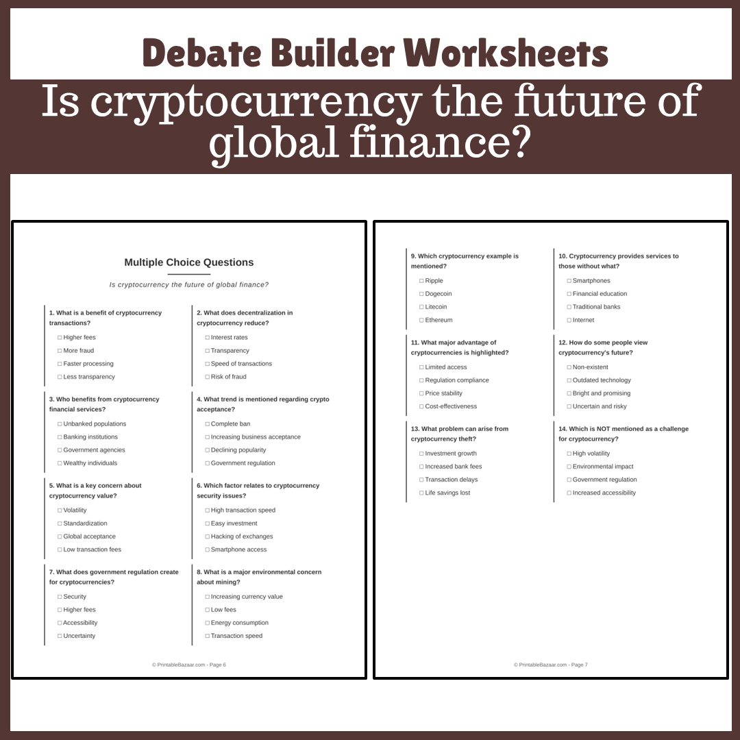 Is cryptocurrency the future of global finance? | Favour and Against Worksheet Printable Activity