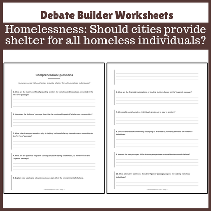 Homelessness: Should cities provide shelter for all homeless individuals? | Favour and Against Worksheet Printable Activity
