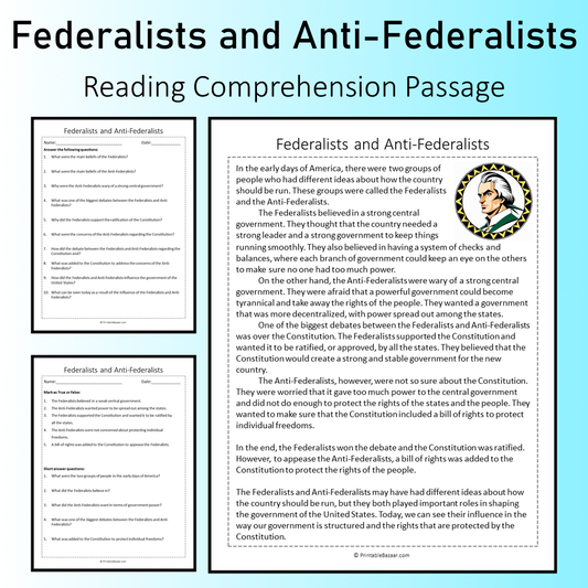 Federalists and Anti-Federalists | Reading Comprehension Passage Printable Worksheet