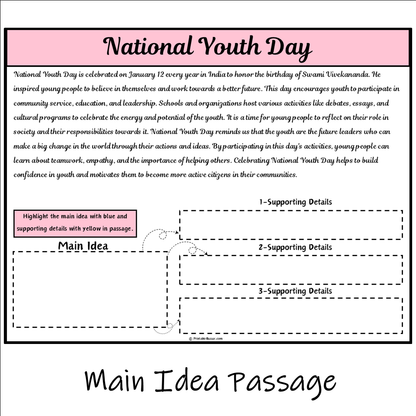 National Youth Day | Main Idea and Supporting Details Reading Passage and Questions