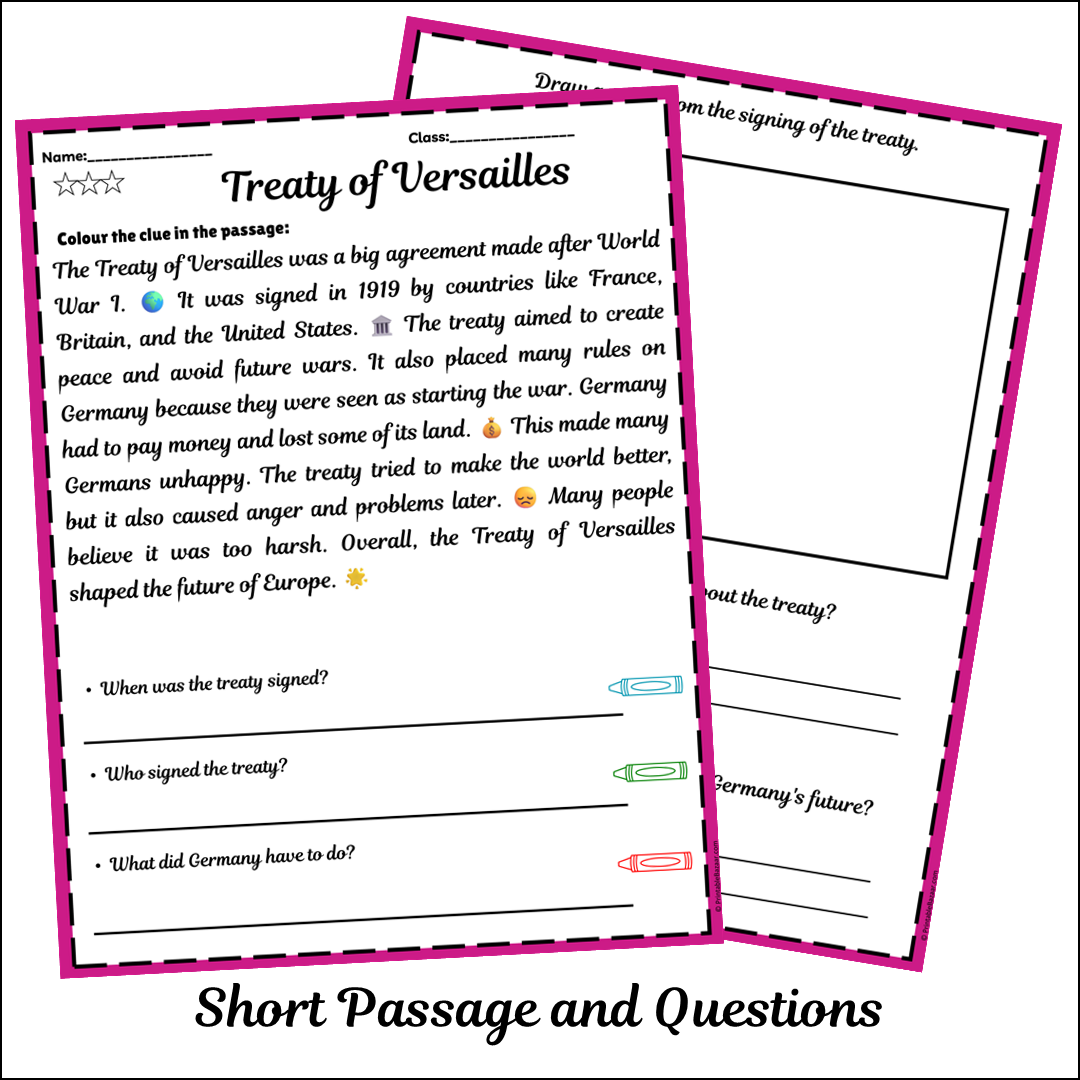 Treaty of Versailles | Short Reading Comprehension Creative Worksheet