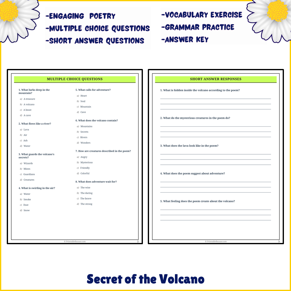 Secret of the Volcano | Poem Grammar Worksheet Printable Activity