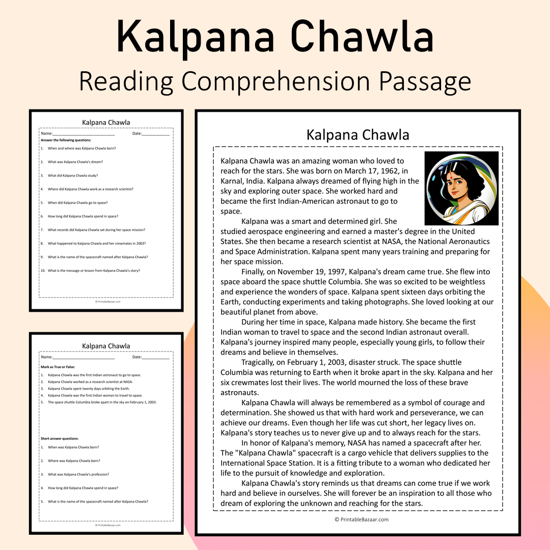 Kalpana Chawla | Reading Comprehension Passage Printable Activity
