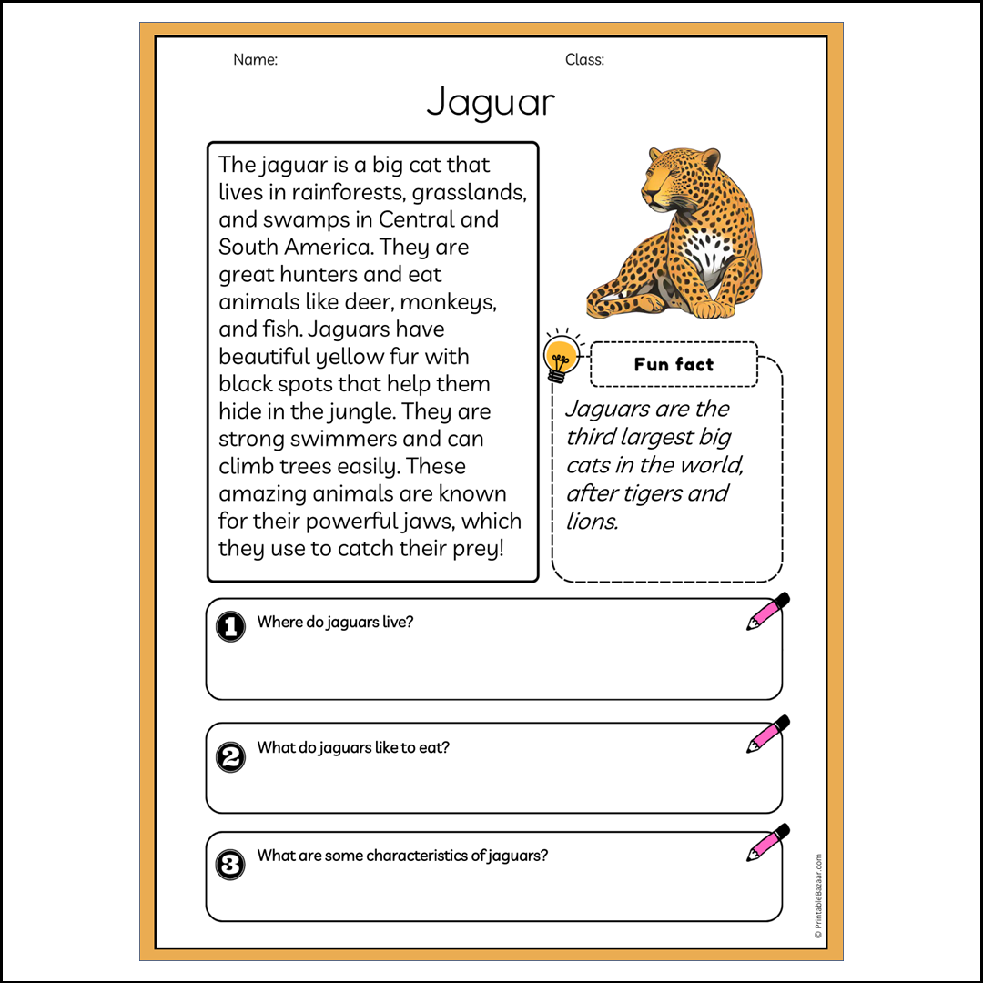 Jaguar | Reading Passage Comprehension Questions Writing Facts Worksheet