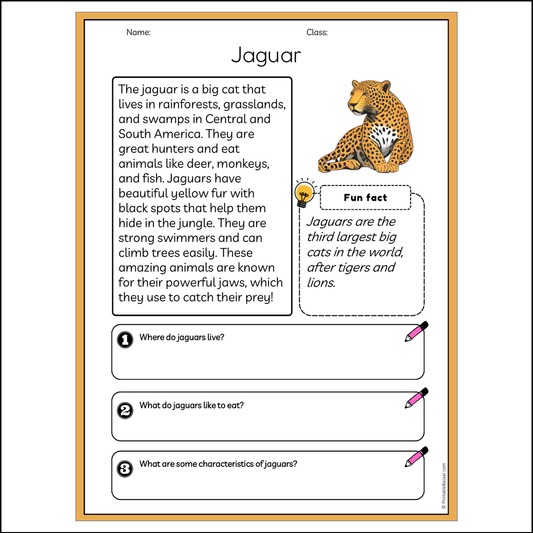 Jaguar | Reading Passage Comprehension Questions Writing Facts Worksheet