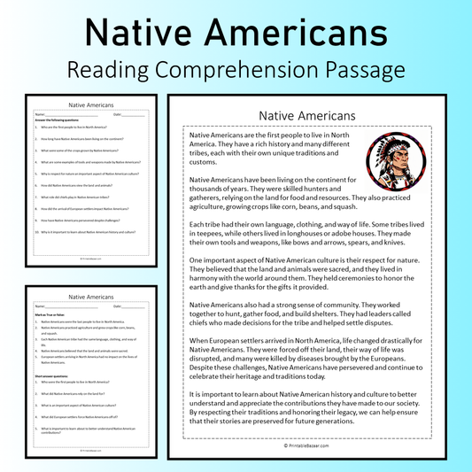 Native Americans | Reading Comprehension Passage Printable Worksheet