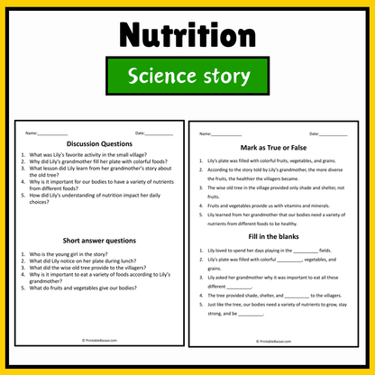 Nutrition | Science Story Reading Comprehension Activity