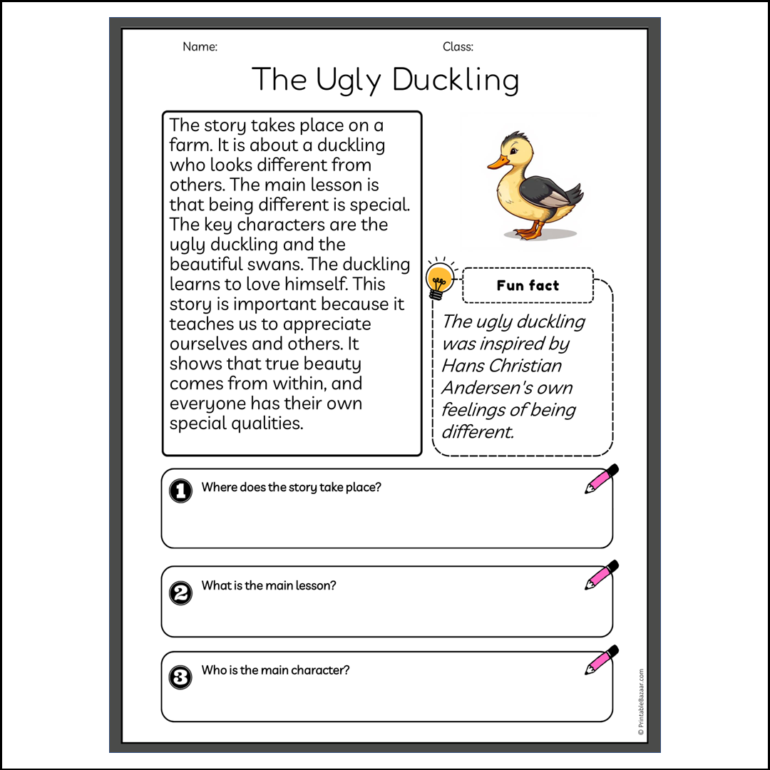 The Ugly Duckling | Reading Passage Comprehension Questions Writing Facts Worksheet